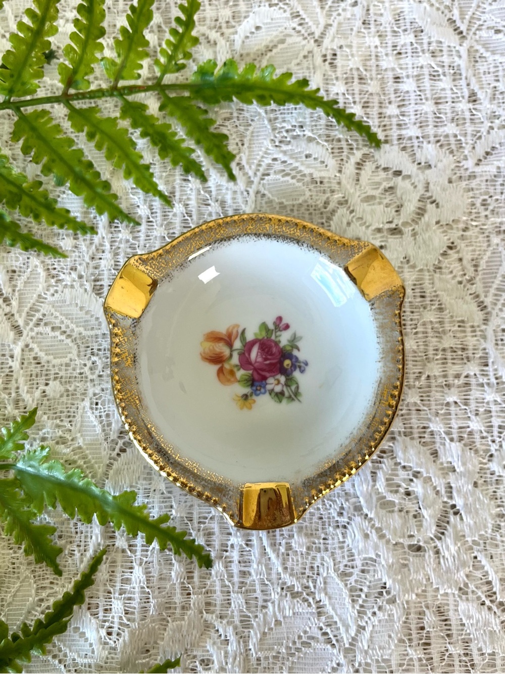 Vintage East Germany Handpainted Floral Ceramic Ash Tray Trinket Dish